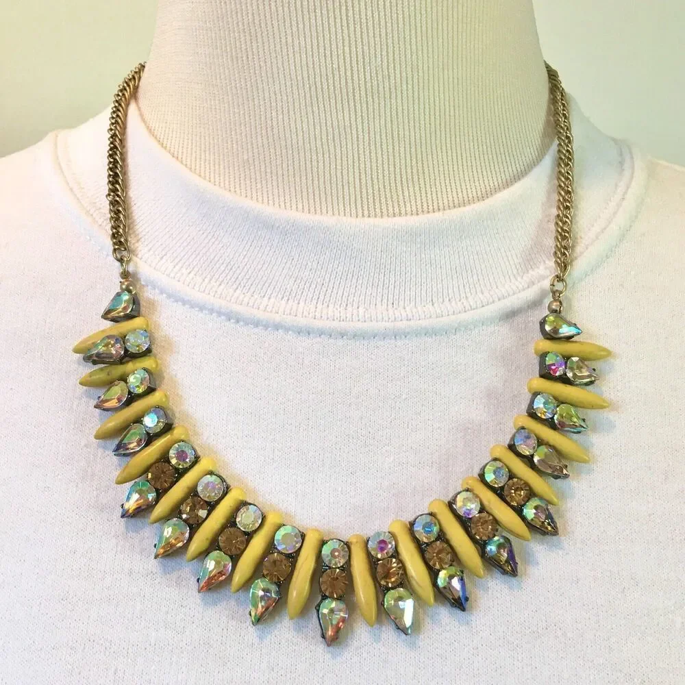 Rhinestone Necklace 21 Inch Gold Tone Chain Yellow Spike Statement Necklace